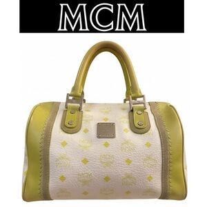 MCM Lime Green & White Visetos Boston Bag, EUC